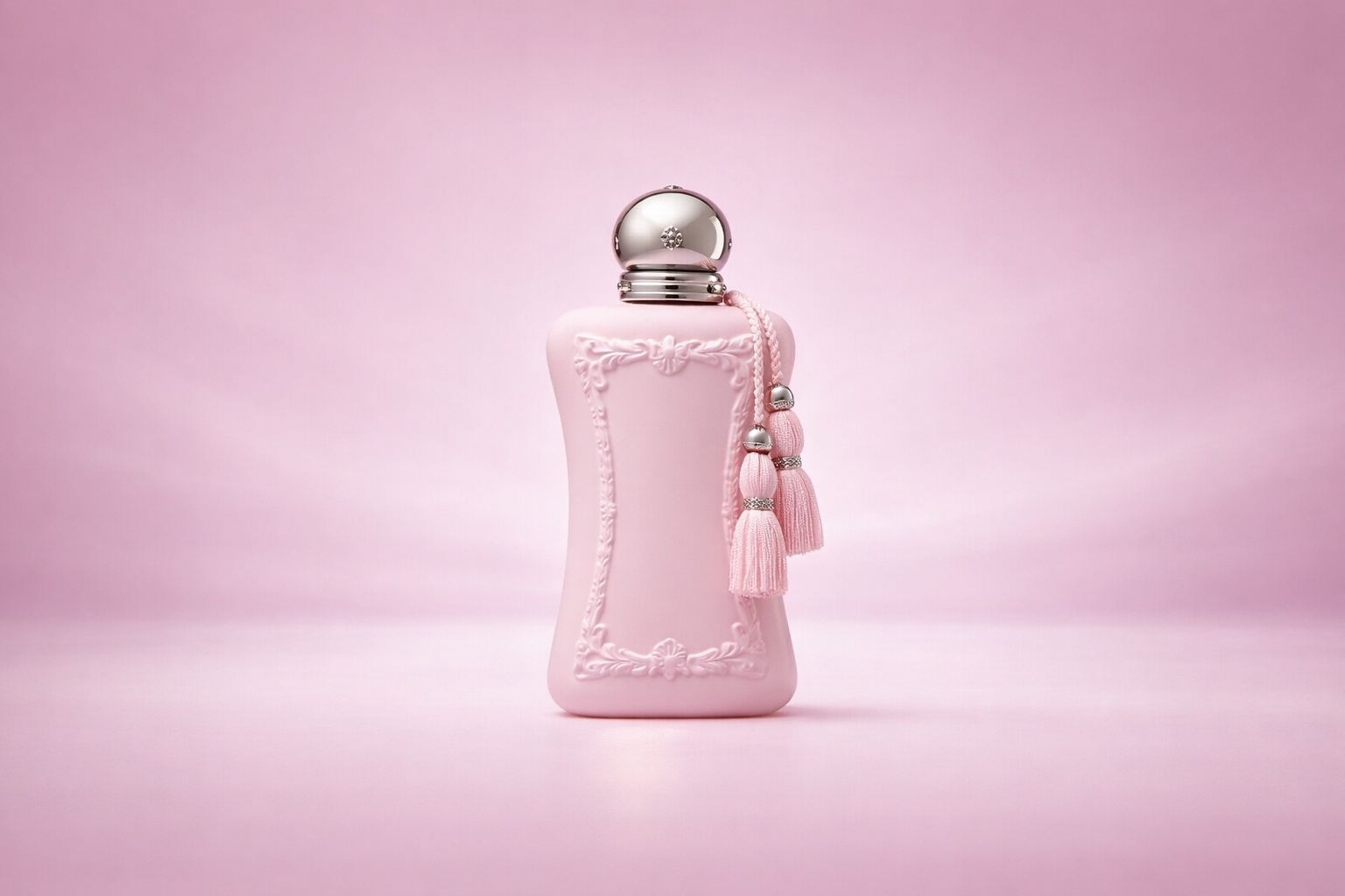 Parfums de Marly Delina perfume bottle centered in premium studio lighting on a soft pink luxury gradient background, designed as a wide Shopify hero banner.