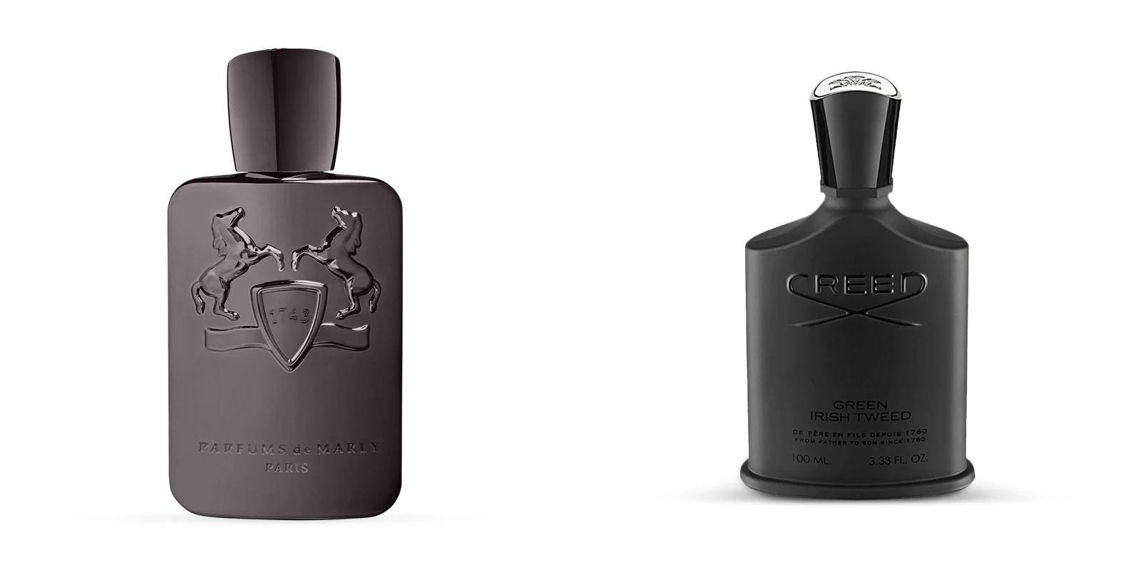 Parfums de Marly and Creed Green Irish Tweed fragrance bottles.