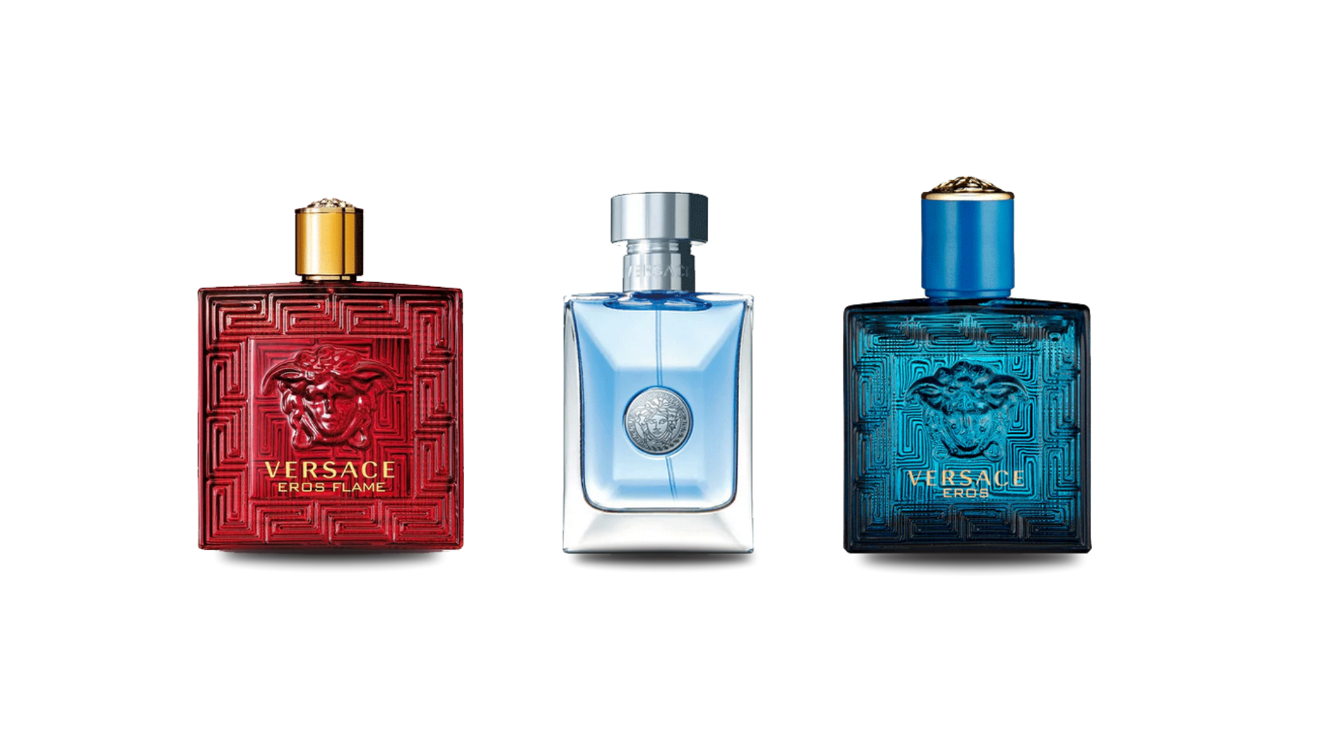 three Versace cologne bottles in red, blue, and clear