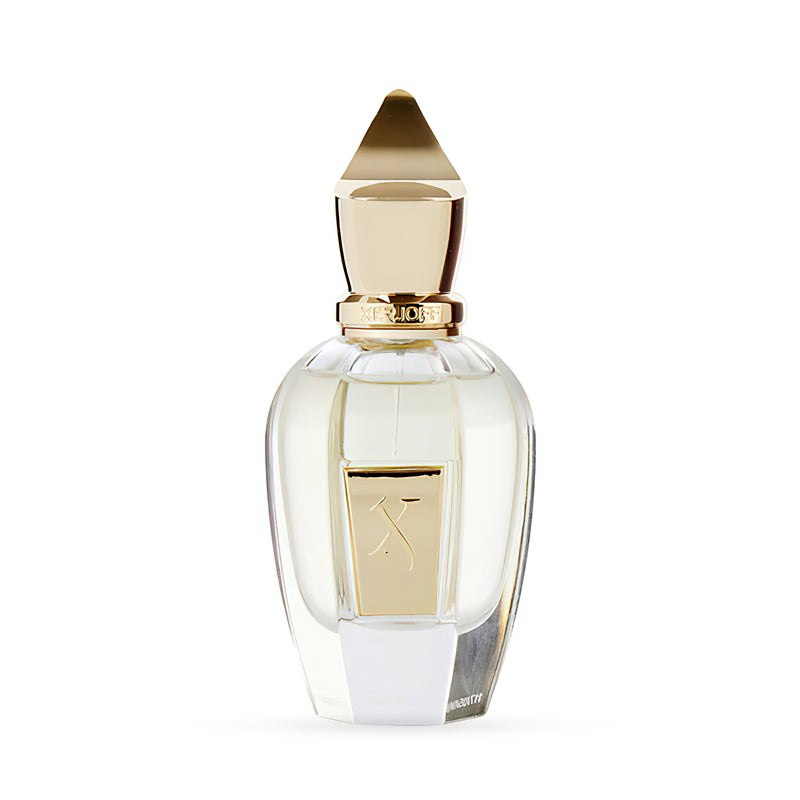 Elegant glass perfume bottle with gold cap, featuring a luxurious design and a branded emblem on the front.