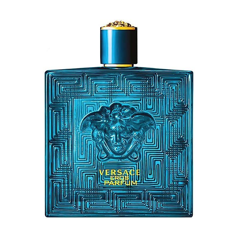 Blue Versace Eros Eau de Parfum bottle with gold Medusa detail and cap.