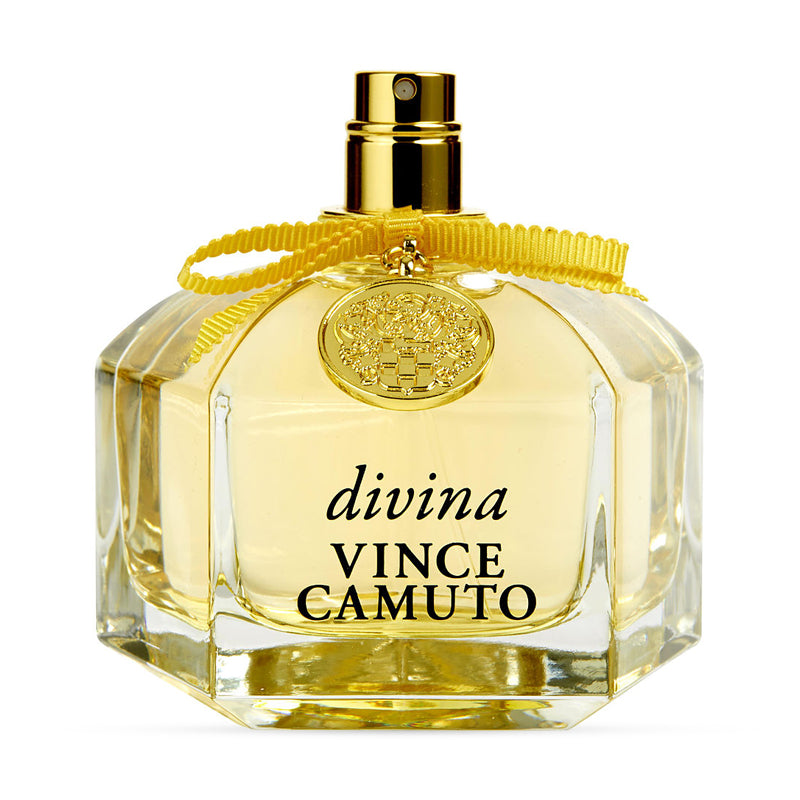 Vince Camuto Divina perfume bottle with gold cap and decorative ribbon.