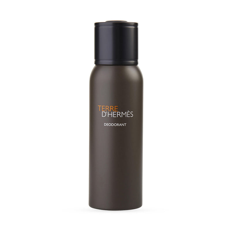 Terre d'Hermes deodorant spray bottle with sleek black and brown design.