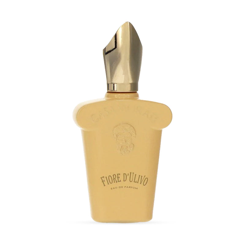Luxury perfume bottle Fiore d'Ulivo Eau de Parfum with golden cap on white background.