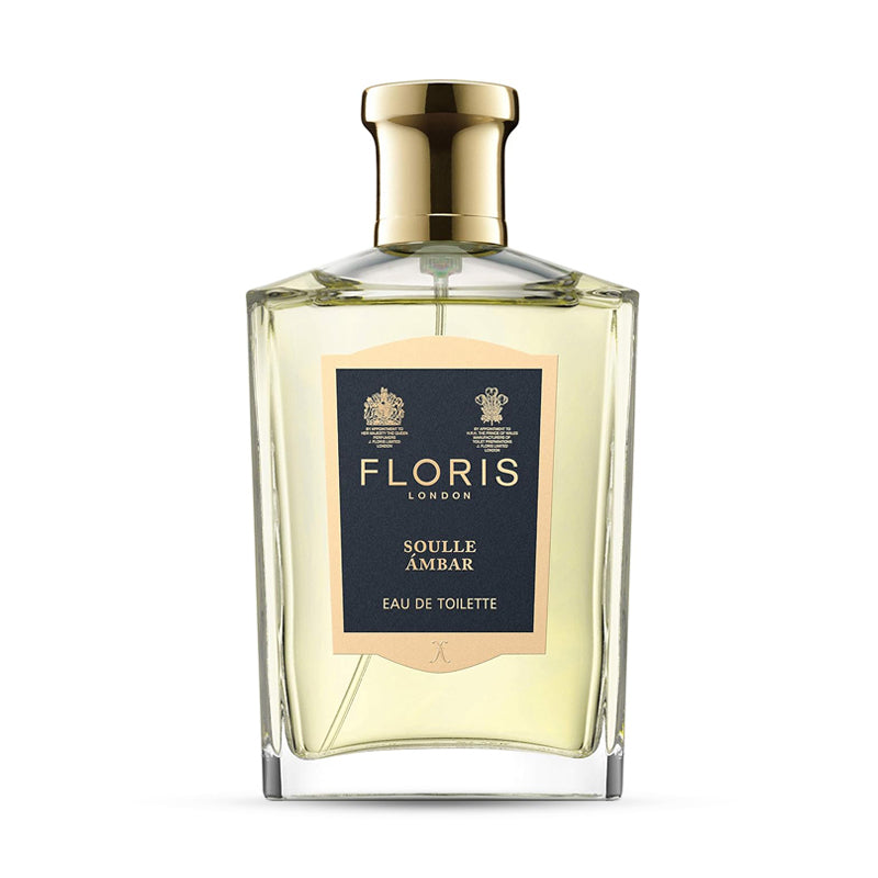 Floris London Soulle Ambar Eau de Toilette perfume bottle with gold cap on white background.