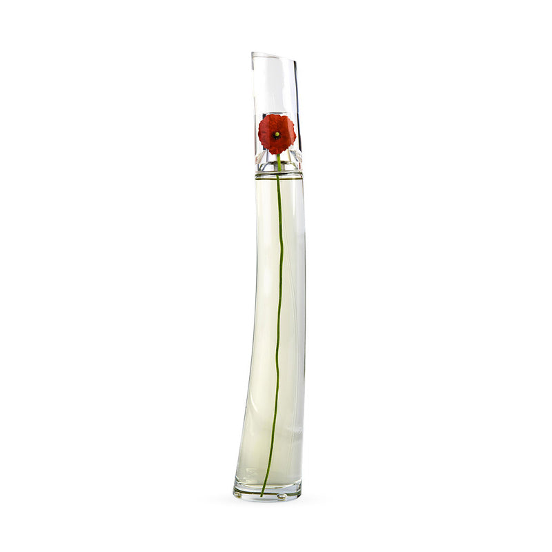 tall glass perfume bottle with red flower design