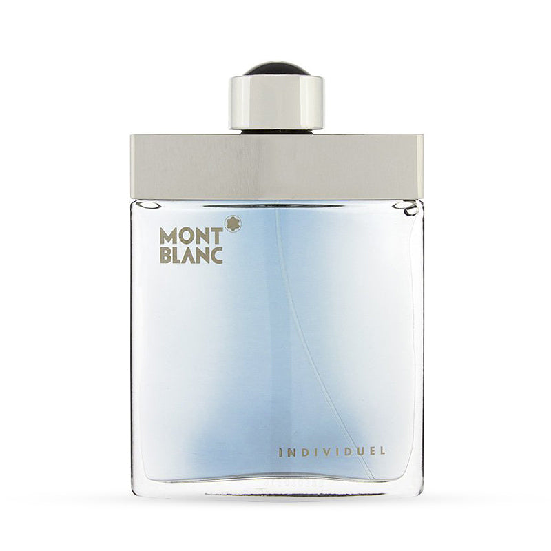 Mont Blanc Individuel cologne bottle with silver cap and light blue transparent glass.