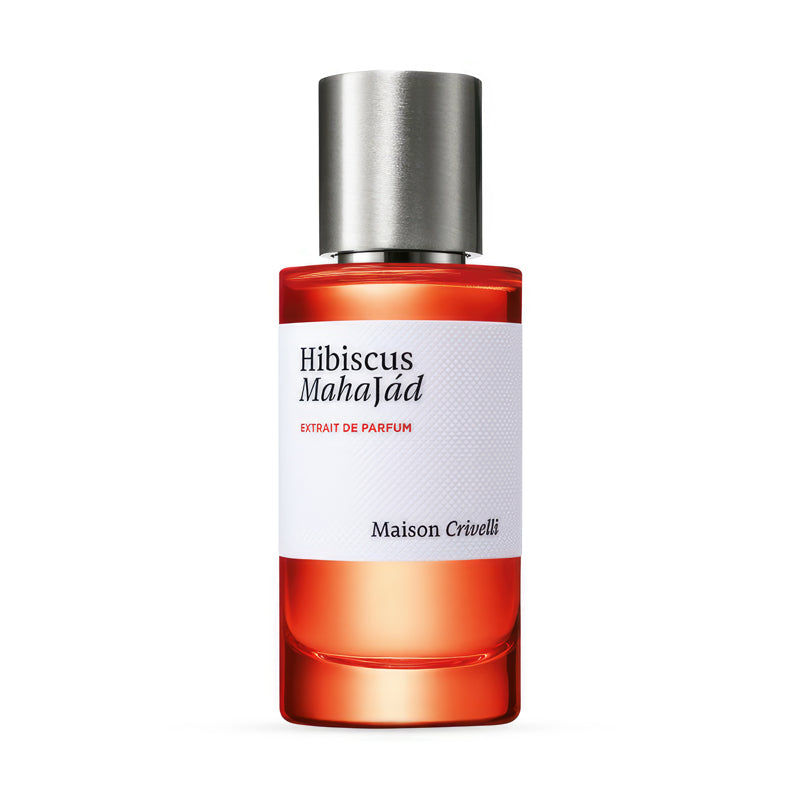 Maison Crivelli Hibiscus Mahajad perfume bottle with a silver cap on a white background.