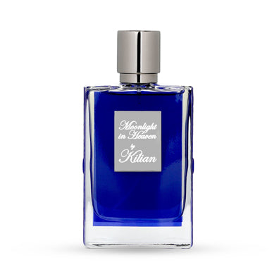 Blue perfume bottle labeled "Moonlight in Heaven by Kilian" with a silver cap.