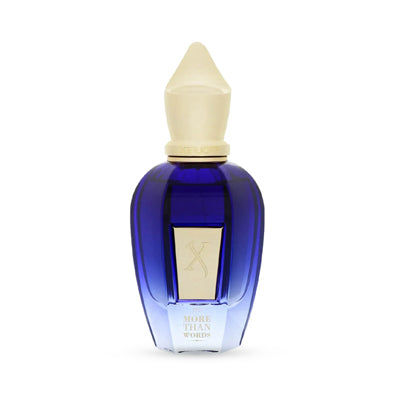 Luxury blue perfume bottle with gold detailing and cream cap, featuring elegant design.