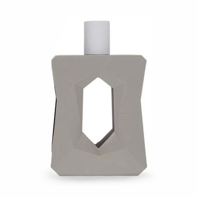 Matte gray geometrically designed bottle with cutout in the center, white cap on top, minimalist style.