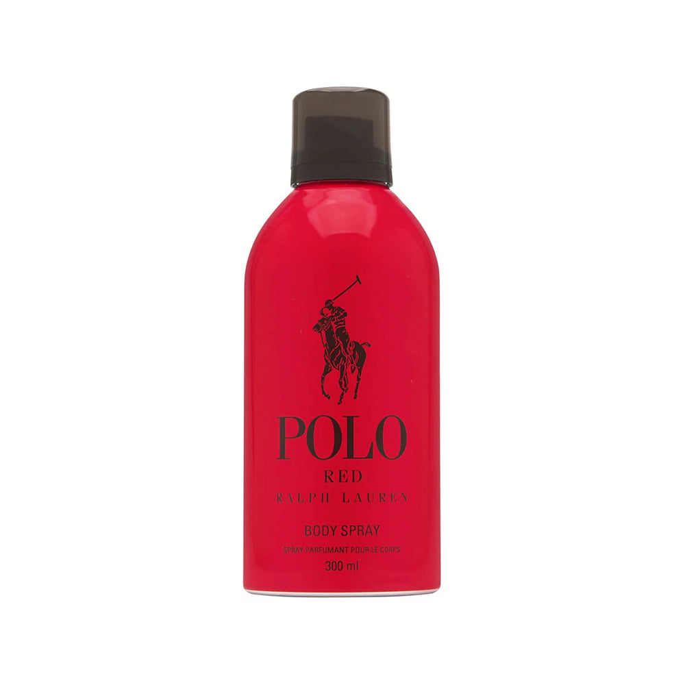 Red Polo Ralph Lauren body spray bottle with black logo and cap, 300 ml size.