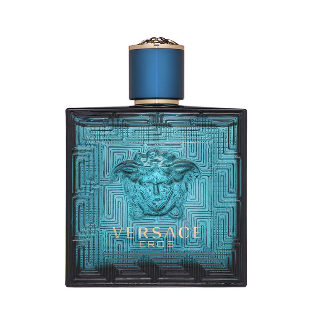Versace Eros Eau de Toilette bottle with blue and gold design, depicting a luxury men's fragrance.