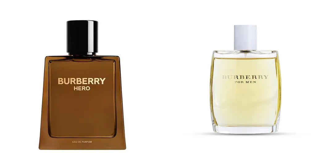 Burberry Hero and Burberry for Men colognes side by side.
