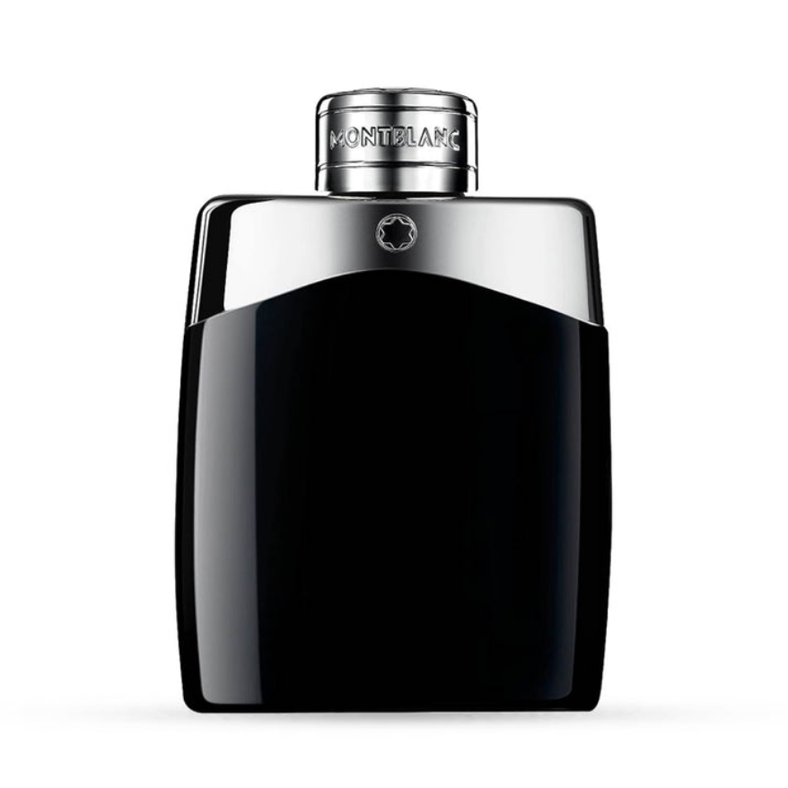 sleek black Montblanc Legend EDT bottle with silver cap