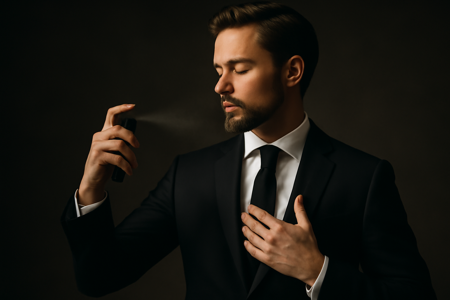 man spraying cologne in black suit