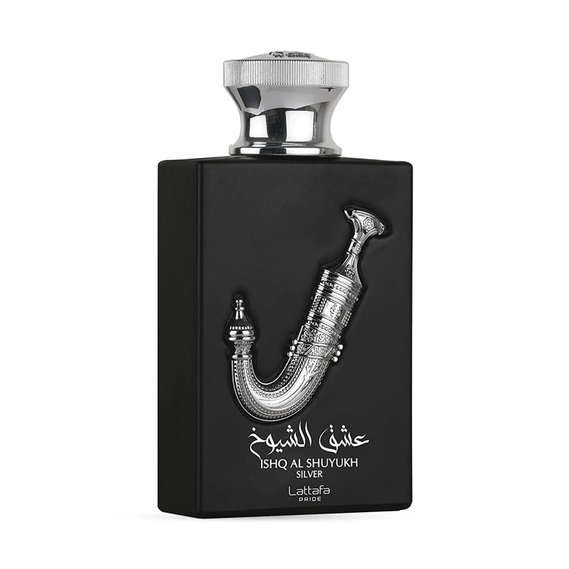 Black perfume bottle of Lattafa Ishq Al Shuyukh Silver with Arabic script and a silver ornate design.