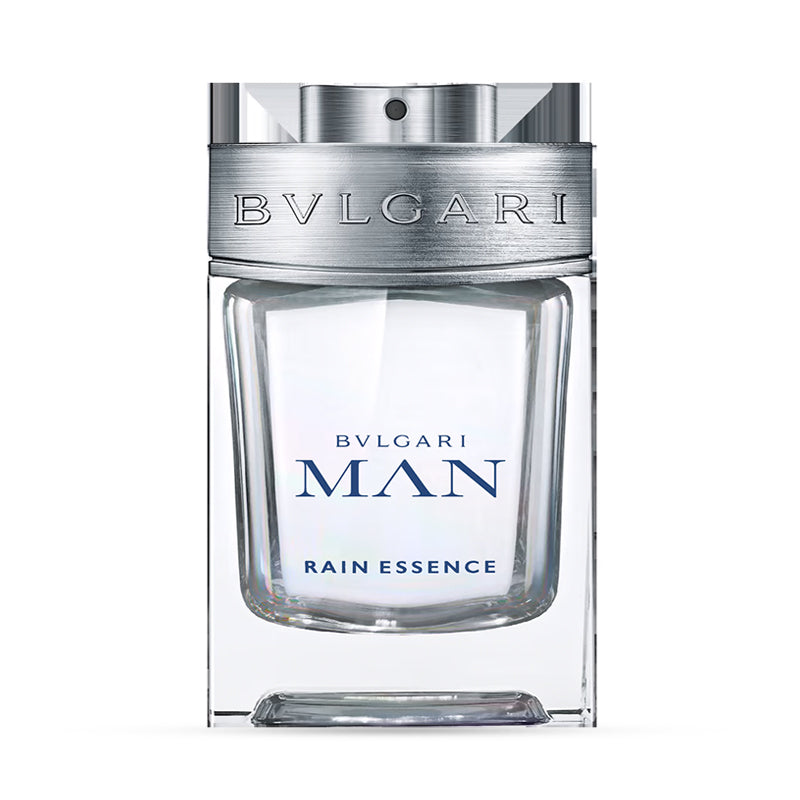 Bvlgari Man Rain Essence perfume bottle with metallic cap and clear liquid.