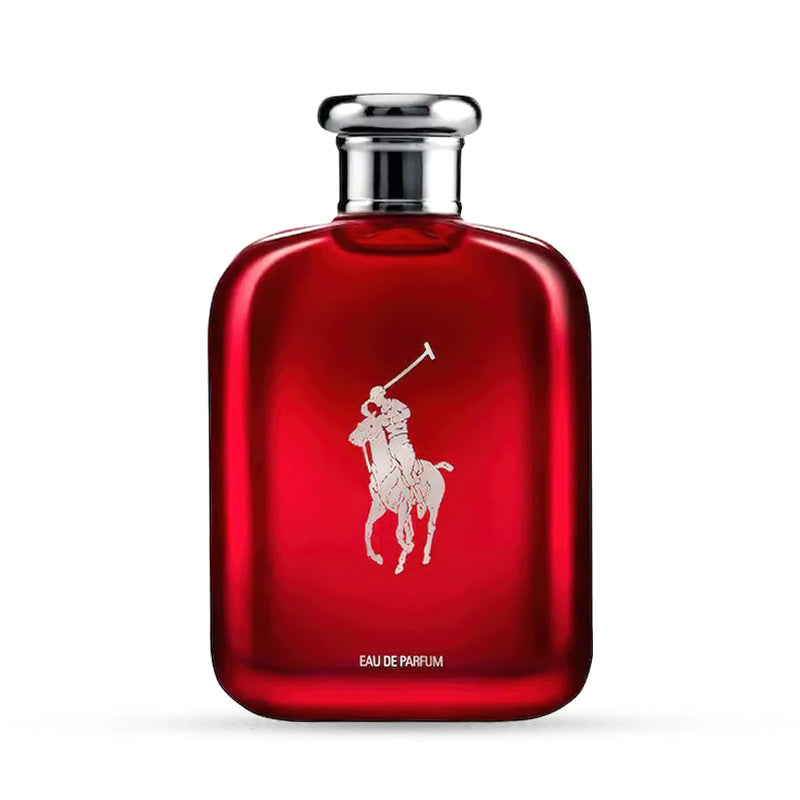 Red perfume bottle with silver cap and polo player logo.