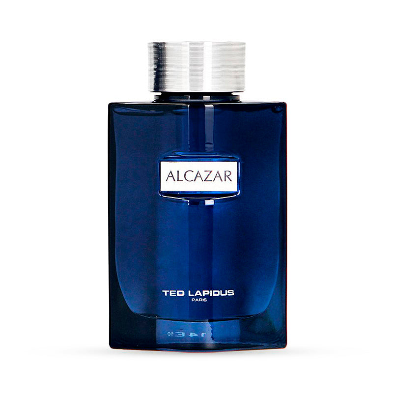 Blue Alcazar perfume bottle by Ted Lapidus with a silver cap and elegant design.