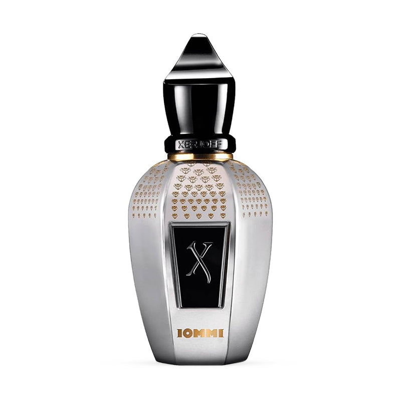 Luxury Xerjoff Iommi fragrance bottle with elegant silver and black design featuring gold detailing.