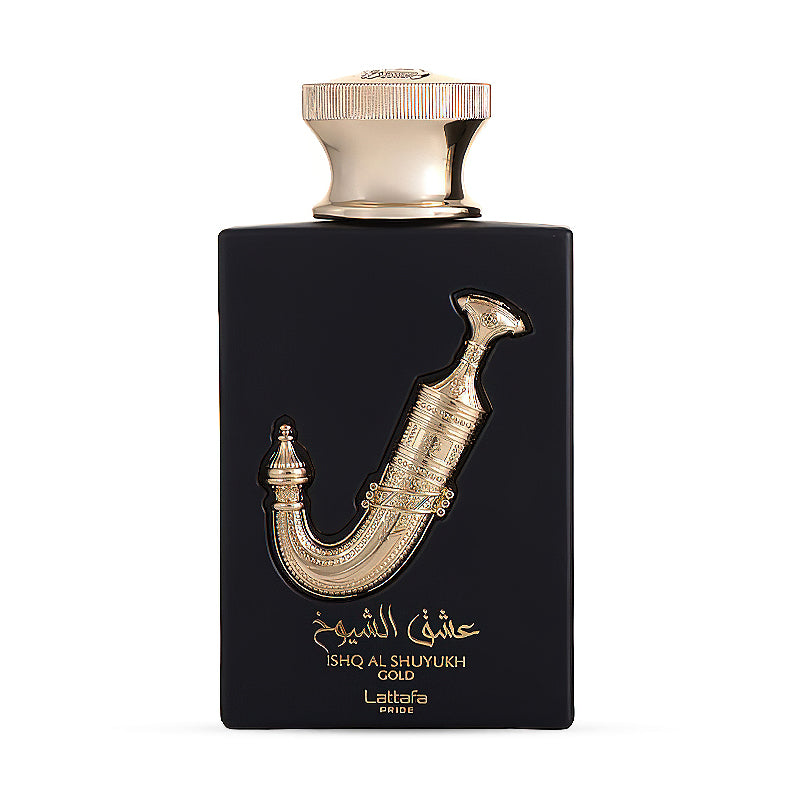 Luxury black and gold perfume bottle with Arabic calligraphy, Ishq Al Shuyukh Gold by Lattafa.