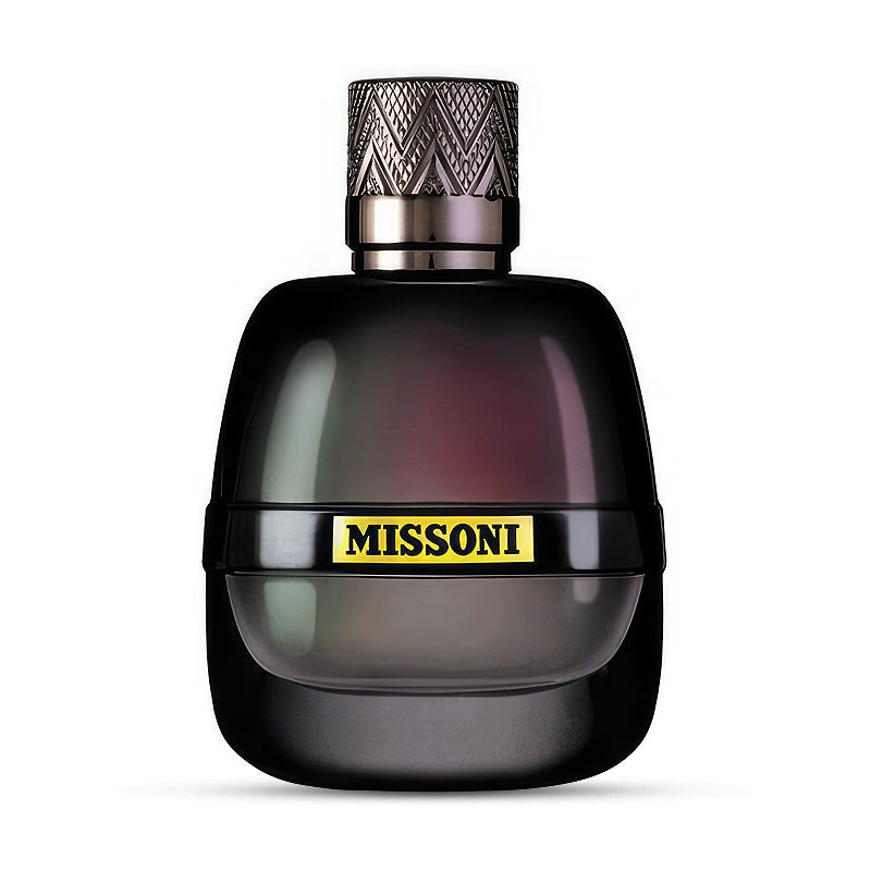 Black Missoni fragrance bottle with a textured cap and yellow label on a white background.