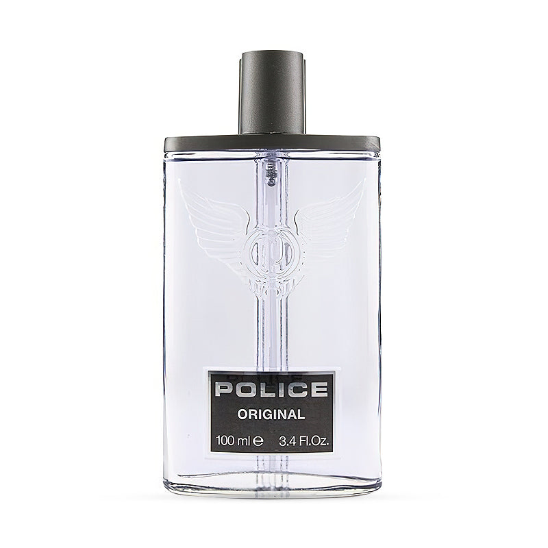 Transparent bottle of Police Original fragrance, showing logo and black cap, containing 100 ml or 3.4 fl oz of eau de toilette.