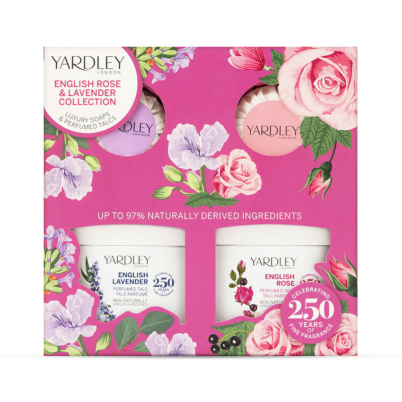 Yardley London English Rose and Lavender Collection, luxury soaps and perfumed talcs set, featuring floral-themed packaging with pink and purple flower illustrations, highlighting 250 years of fragrance expertise.