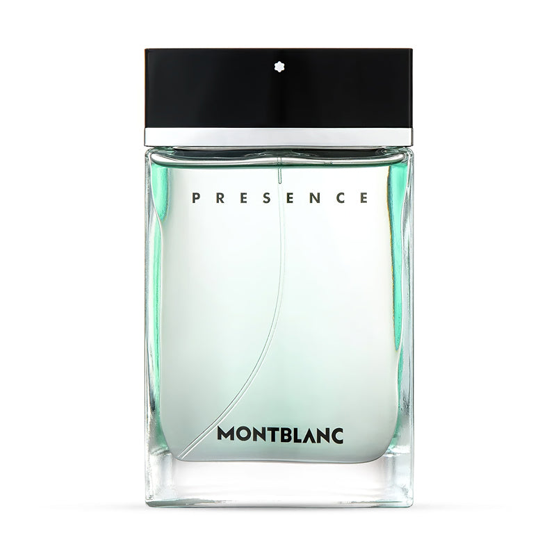 Montblanc Presence Eau de Toilette for men in a clear bottle with a black cap.