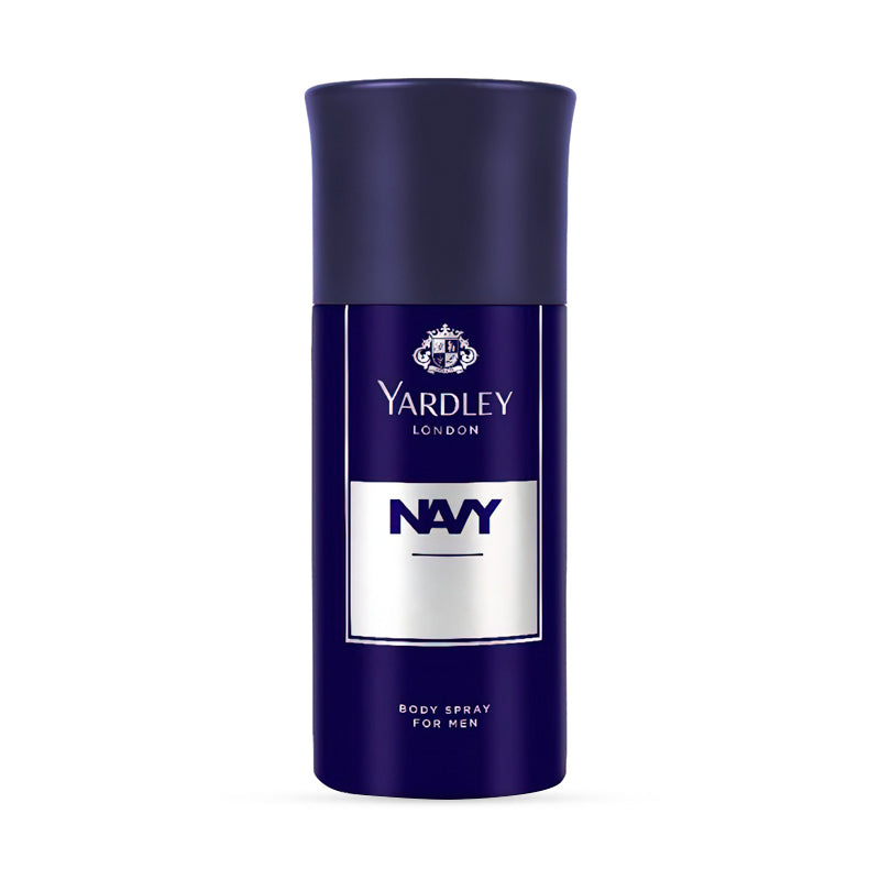 Yardley London Navy body spray for men, blue and silver packaging, 150ml bottle.