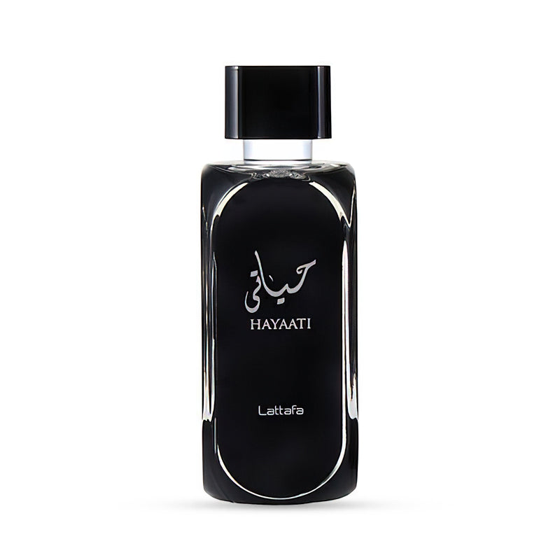Black Hayati perfume bottle by Lattafa with elegant design and Arabic text.