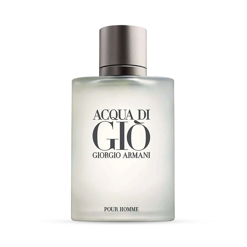 Bottle of Acqua di Gio Giorgio Armani Eau de Toilette for men with silver cap on a white background.