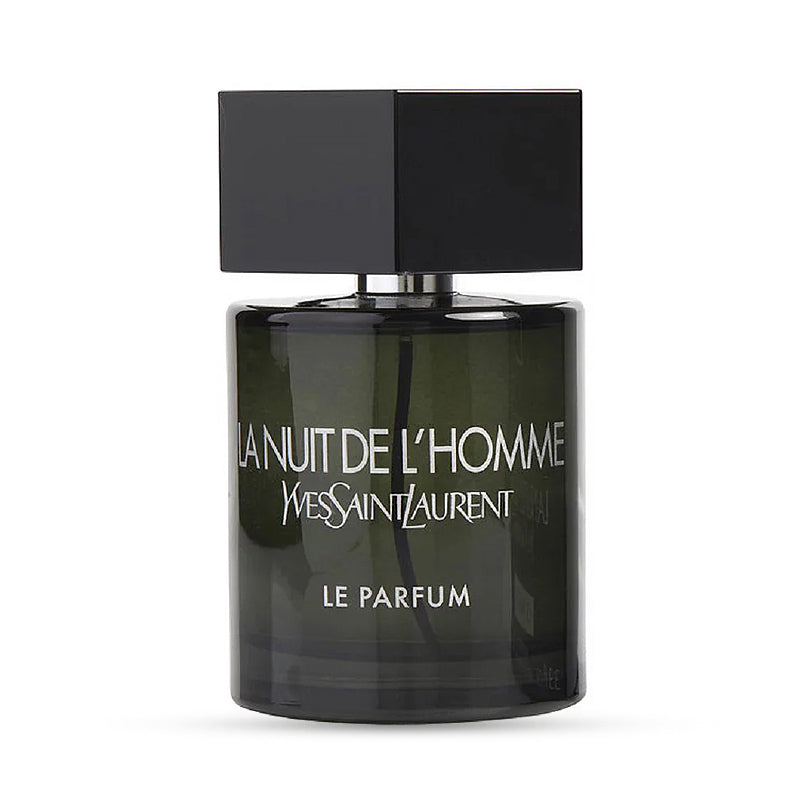 Black Yves Saint Laurent bottle with dark label and cap, featuring white text, isolated on white background.