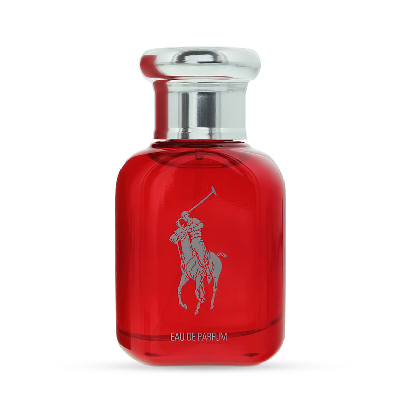 Red bottle of Polo Red fragrance with a silver cap and embossed logo.