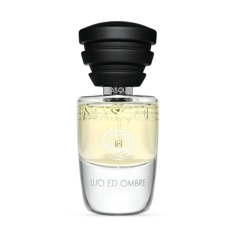 Masque Luci ed Ombre perfume bottle with black cap and clear glass design
