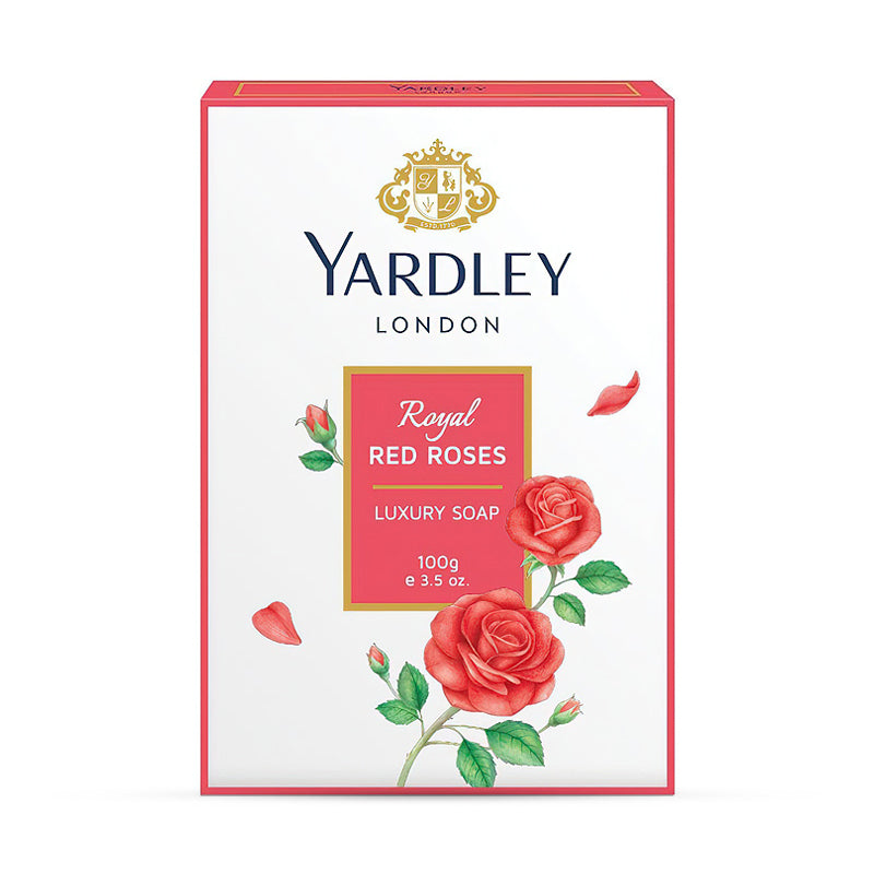 Yardley London Royal Red Roses luxury soap packaging featuring red rose illustrations and brand logo.