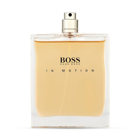 Transparent glass bottle of Hugo Boss In Motion Eau de Toilette with amber-colored fragrance and spray top.