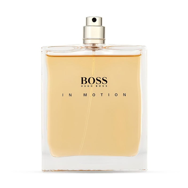 Transparent glass bottle of Hugo Boss In Motion Eau de Toilette with amber-colored fragrance and spray top.