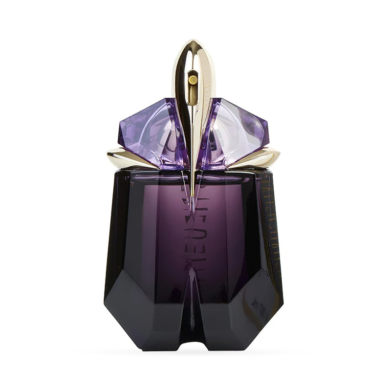 Purple perfume bottle with gold cap and gemstone design on a white background.