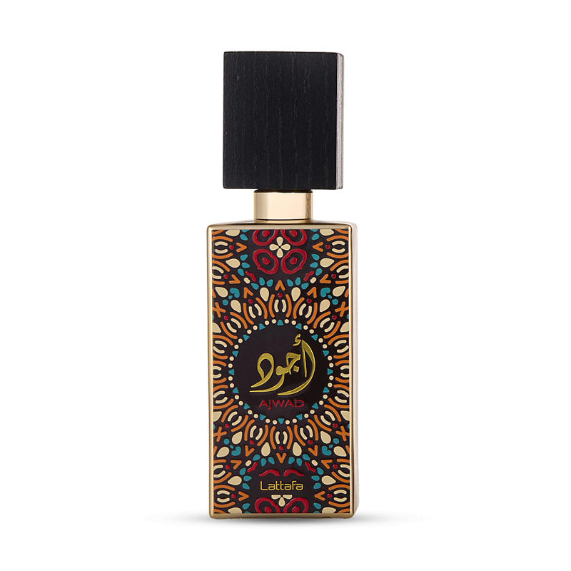 Decorative perfume bottle with intricate colorful pattern and black cap.
