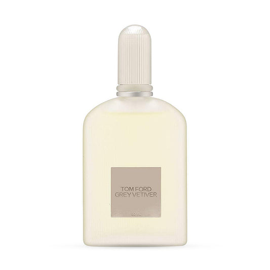 Elegant white perfume bottle with minimalist label and rounded cap.