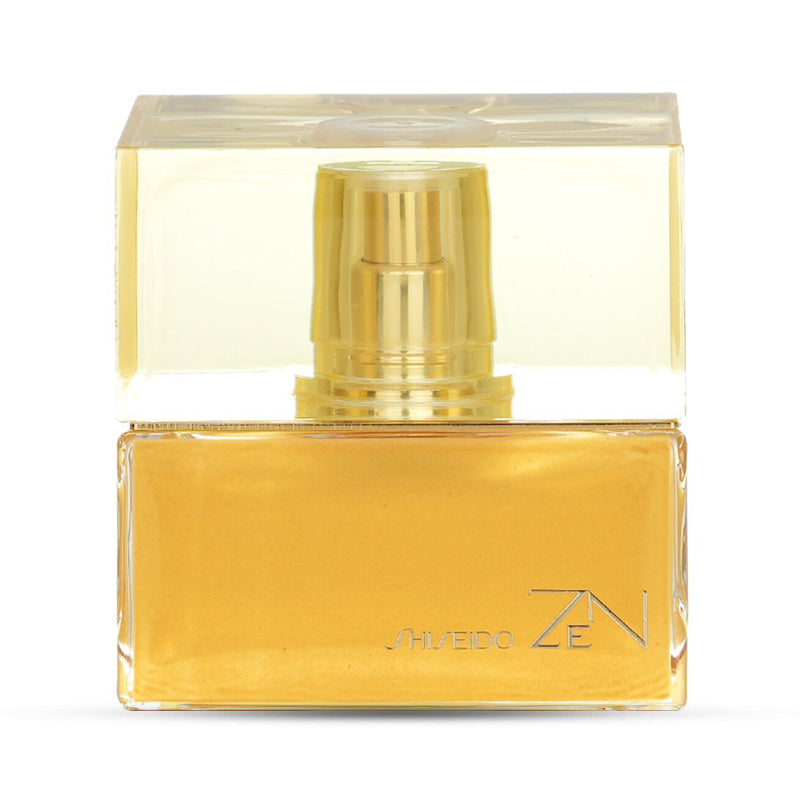 Shiseido Zen perfume bottle with golden liquid and a transparent cap.