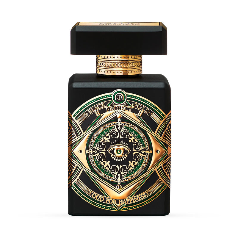 Luxurious black and gold perfume bottle with intricate geometric design and central eye motif.