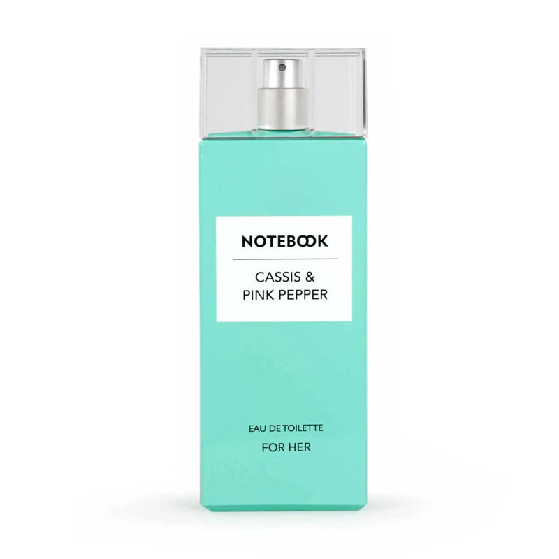 Turquoise bottle of Notebook Cassis & Pink Pepper Eau de Toilette for her with a silver spray cap.