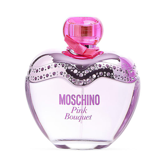 Heart-shaped Moschino Pink Bouquet perfume bottle with pink cap and decorative design.