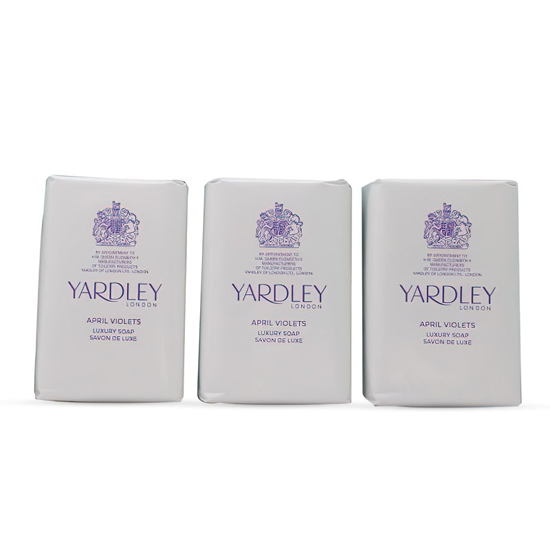 Three bars of Yardley London April Violets luxury soap in white packaging with purple branding and crest.