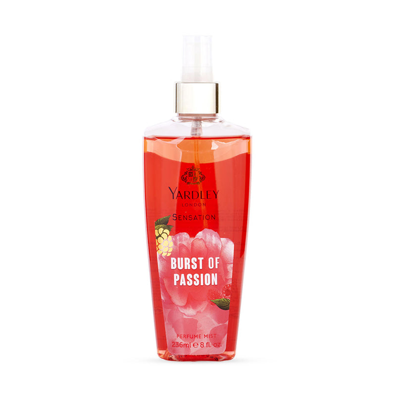 Yardley London Sensation Burst of Passion perfume mist bottle, 236ml, with floral design and vibrant red packaging.