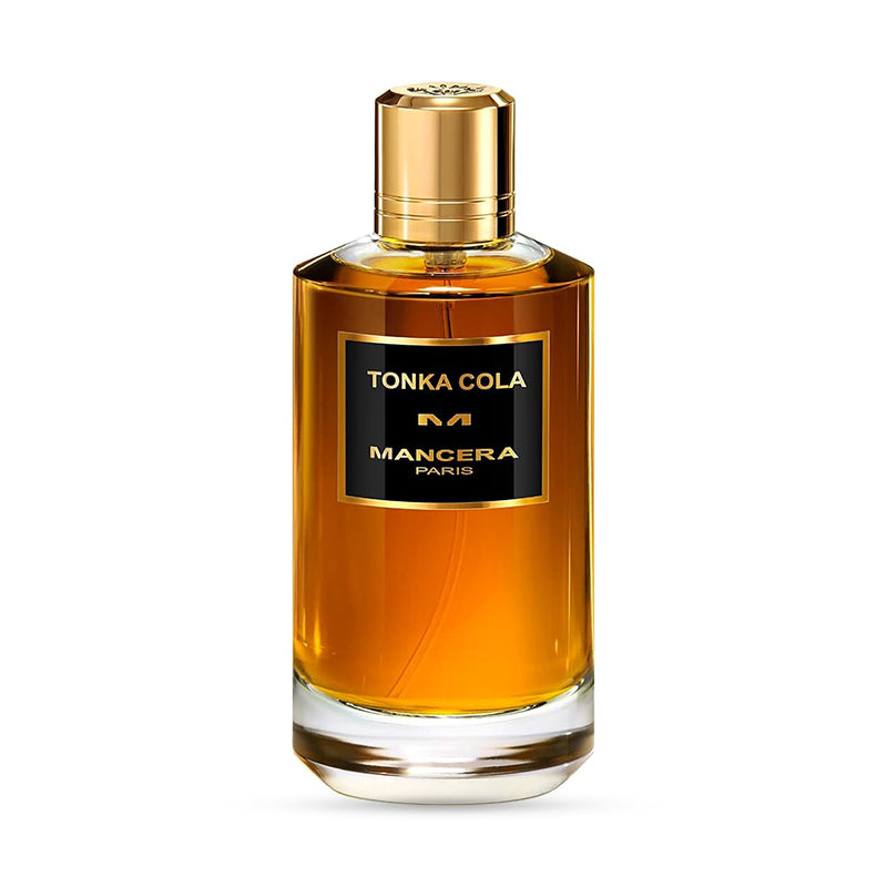 Mancera Tonka Cola perfume bottle with gold cap and amber liquid