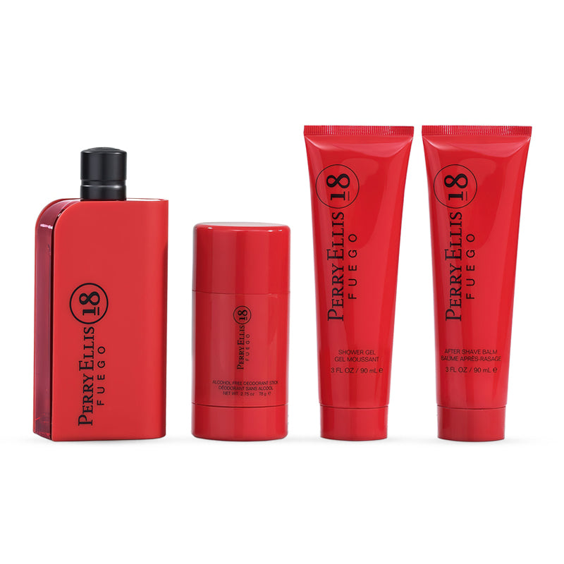 Perry Ellis 18 Fuego men's fragrance set including cologne, deodorant stick, shower gel, and aftershave balm in red packaging.